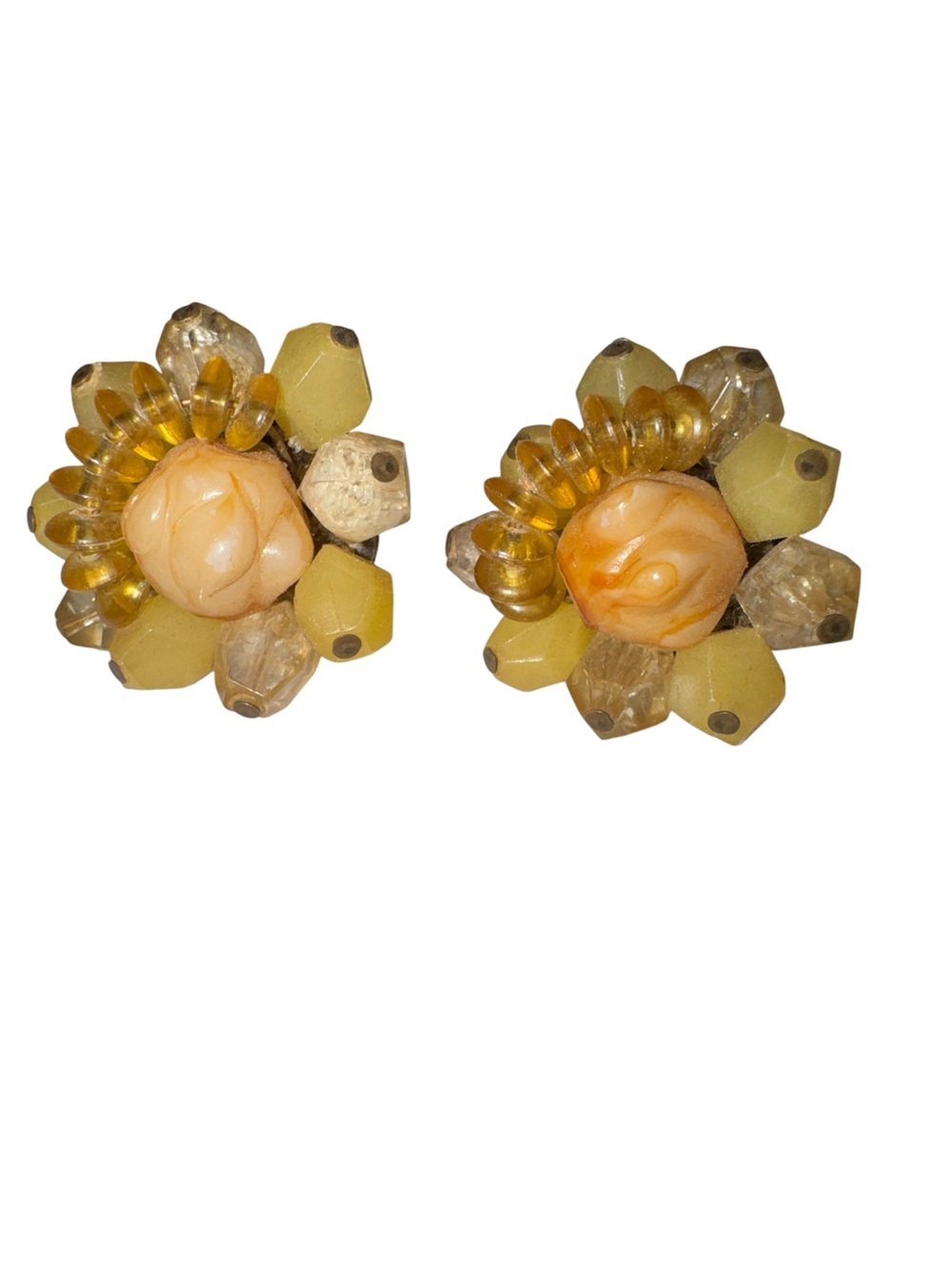 Vintage 1950s West Germany Yellow Beaded Cluster Clip-On Earrings — Mid-Century